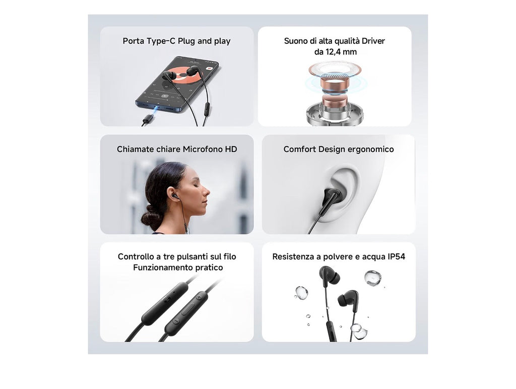 XIAOMI Auricolari Type-C, Cuffie, suono di alta qualità con driver da 12.4mm, microfono HD, sensazione comoda con design ergonomico, controllo a tre bottoni sul cavo, IP54, Blanco