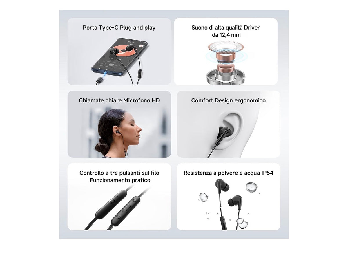 XIAOMI Auricolari Type-C, Cuffie, suono di alta qualità con driver da 12.4mm, microfono HD, sensazione comoda con design ergonomico, controllo a tre bottoni sul cavo, IP54, Blanco