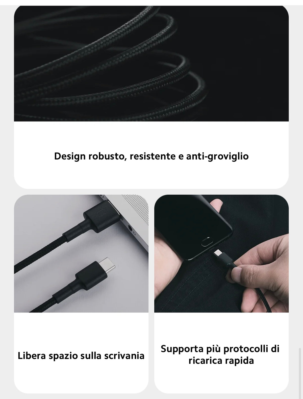 Redmi Braided USB Type-C Cable
Treccia in fibra ad alta resistenza
Porta integrata
Robusto e resistente